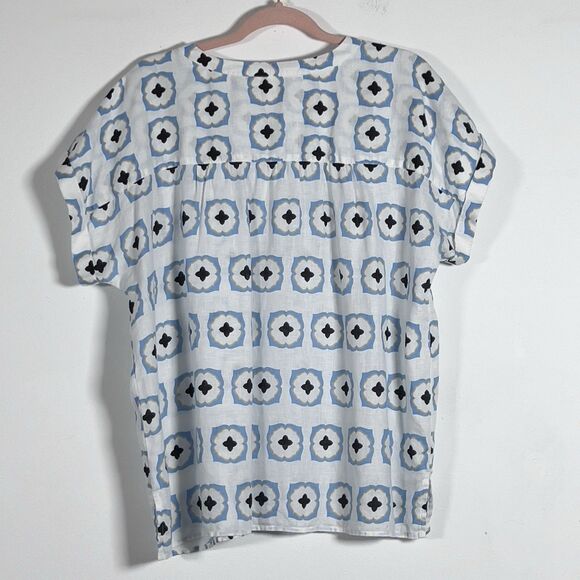 Ann Taylor Geo Linen Popover Short Sleeve Top Sz L Multicolor Relaxed 1/4 Button - Picture 5 of 11